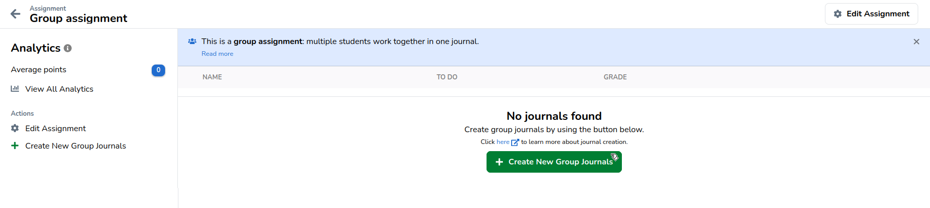 Group assignment create new journals button highlighted